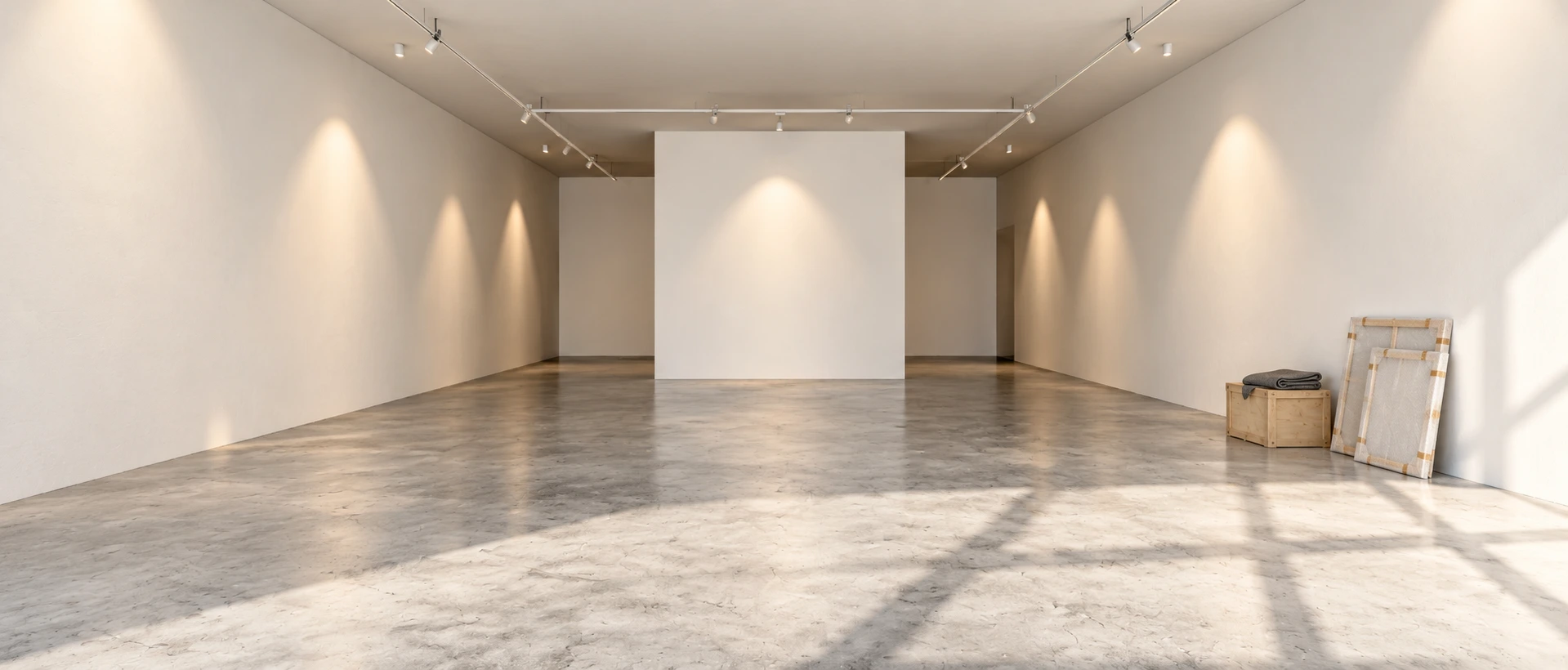 AI-enhanced visualisation of the intimate white-walled Vitrine gallery, ready for a future exhibition